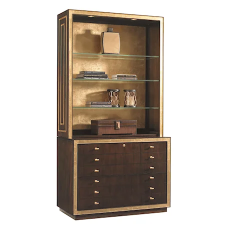 Beverly Palms Bookcase with File Cabinet, Display Lighting, and Gold-Tipped Back Panel